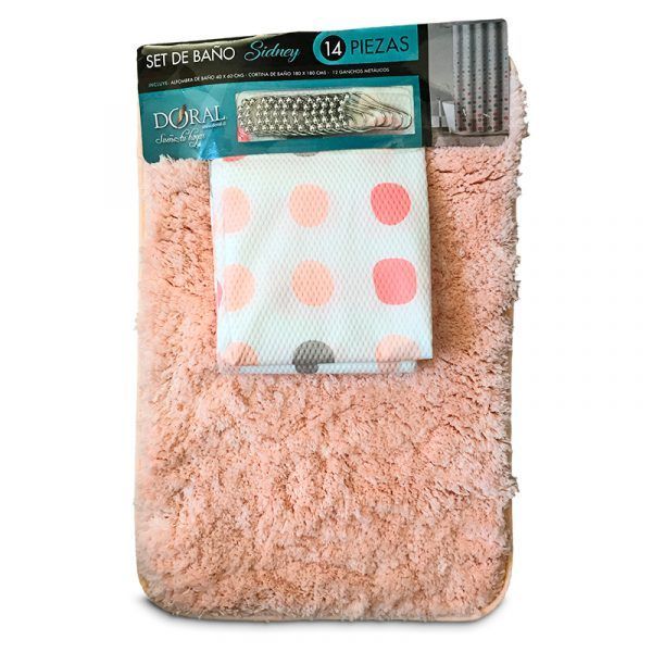 Set de Baño 14 Piezas Sidney Rosado Claro Puntos Coral Gris - Doral