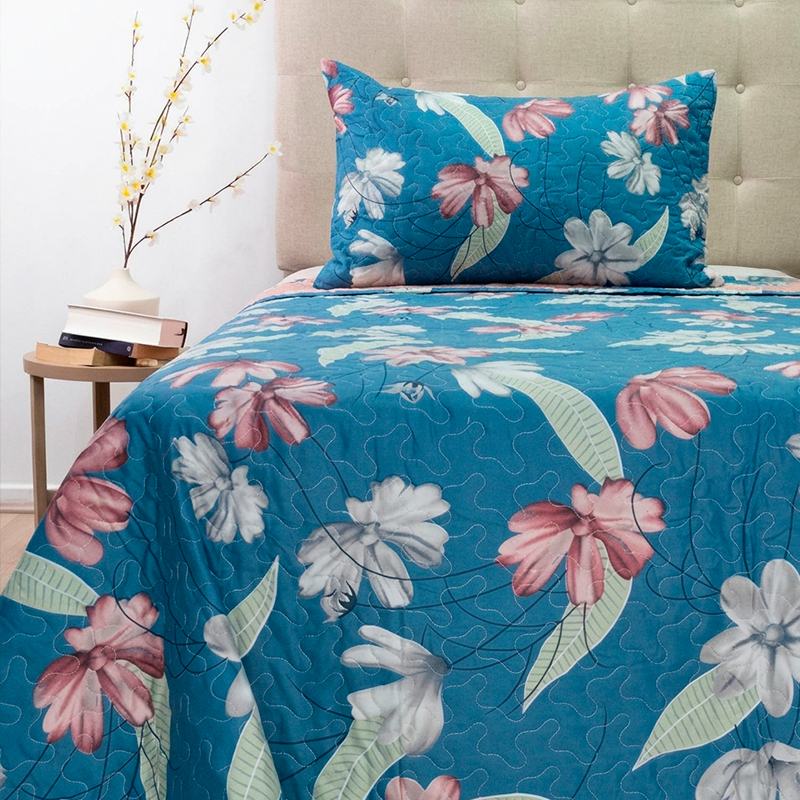 Quilt Stitchy Estampado 1.5 Plazas / Flor Azul Burdeo – Doral