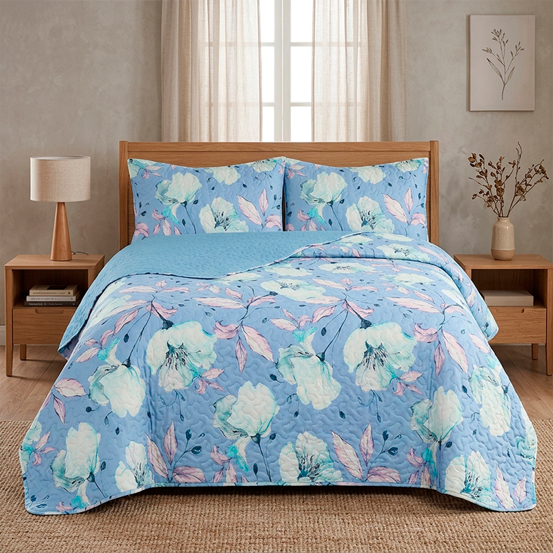 Quilt Stitchy Estampado 2.5 Plazas / Flores Celeste Lila – Doral