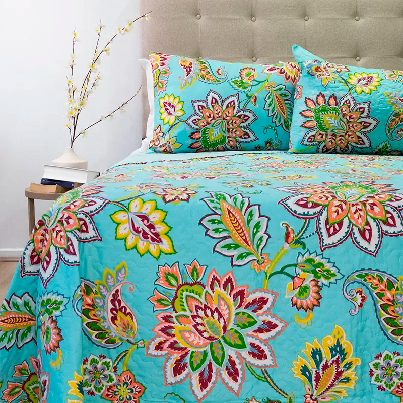 Quilt Stitchy Estampado 2.5 Plazas / Flor Turquesa Amarillo – Doral